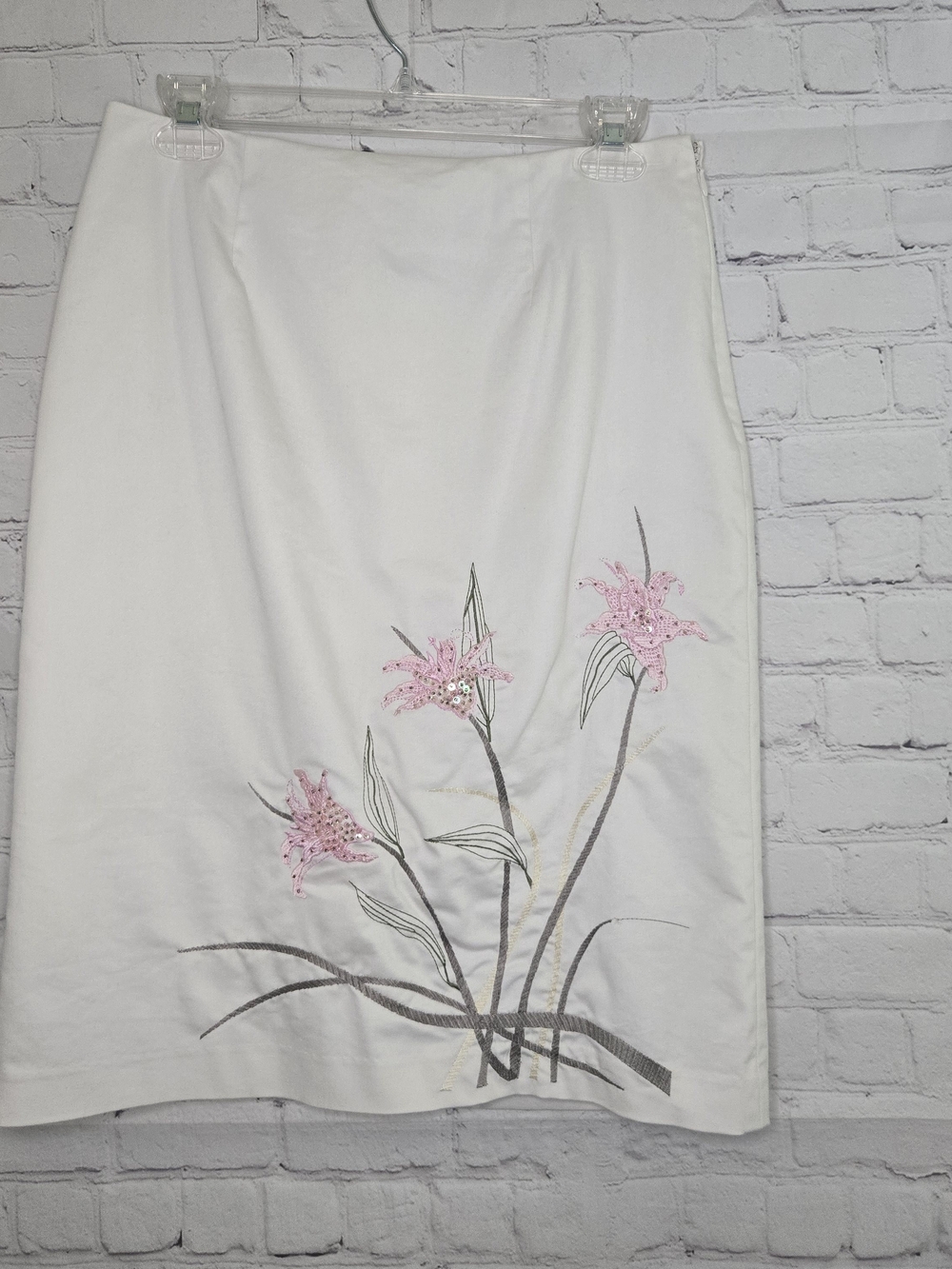 White Pencil Skirt with Pink Floral Embroidery